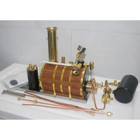 200ML Copper Steam Boiler Generator With Thermal Insulation Automatic Gas Regulator Pressure Gauge Water Level Indicator And Waste Water Tank, components displayed on white surface