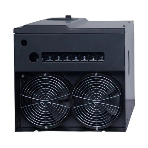 Beefed Up Heavy Duty Variable Frequency Drive Inverter For Motor Speed Control And Pumps Industrial Grade Quality 30 KW 40 HP 220V 1 To 3 Phase Input To 3 Phase Output 50 60 Hz, front view with dual cooling fans