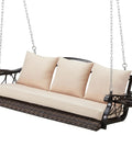 Three Person Wicker Porch Swing With Cup Holder, Built Tough Outdoor Rattan Patio Swing Chair, Hanging Bench With Steel Chains