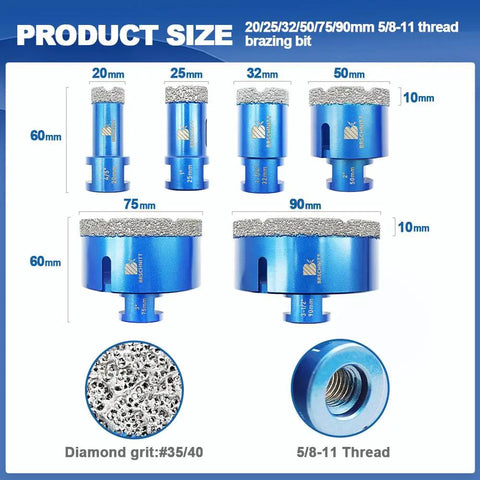 Heavy Duty Diamond Core Drill Bit Set For Porcelain Tile Ceramic Marble Granite With 5/8-11 Thread Includes 20 25 32 50 75 90 Mm