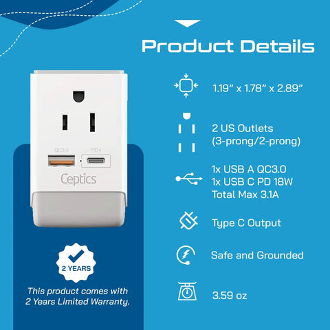 Go To Travel Plug Adapter With USB C And USB Ports, Two USA Sockets, Fast Charging PD QC 3.0, features and specifications image.
