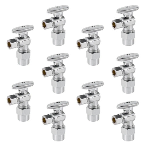 10-Pack One Quarter Turn Angle Shut Off Valves, Three Eighths Inch OD Compression To One Half Inch CPVC Pipe Connection, Chrome Plated Brass