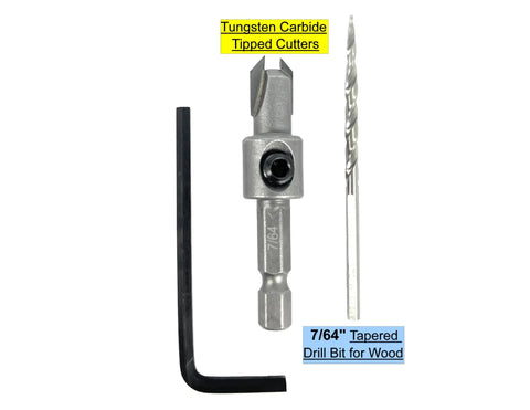 Pro Level Tapered Wood Countersink Bit Engineered To Drill Pilot Holes And Sink Number Six Screws In One Badass Move Featuring Standard Wide Carbide Flutes For Lightning Fast Chip Clearance Keeping Every Carpentry Job Smooth As Silk, showing 7/64 inch tapered drill bit for wood, tungsten carbide tipped.