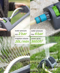 Oscillating Yard Sprinkler Workhorse With 18 Brass Nozzles Clog Resistant Delivers Up To 3600 Sq Ft Coverage Adjustable Spray Range Easy Flow Control Built In Cleaning Needle Durable Gray Sprinkler For Lawn And Garden; close-up view showing water flow and connection details