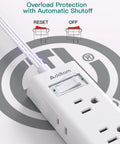Slim Flat Plug Extension Cord With Six Outlets And Right Angle Design Gonna Save You Serious Space Behind Sofas Beds Or Fridges Perfect For Dorms Tiny Spots Keeps Your Gear Running Butter Smooth All Day Long showing overload protection switch.