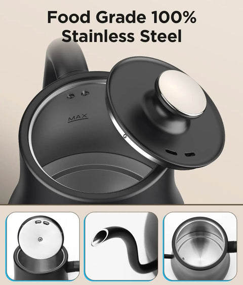 Top view of Gooseneck Electric Kettle With Next Level Temperature Control And Mute Mode, 0.8L Pour Over Kettle in matte black with lid open.
