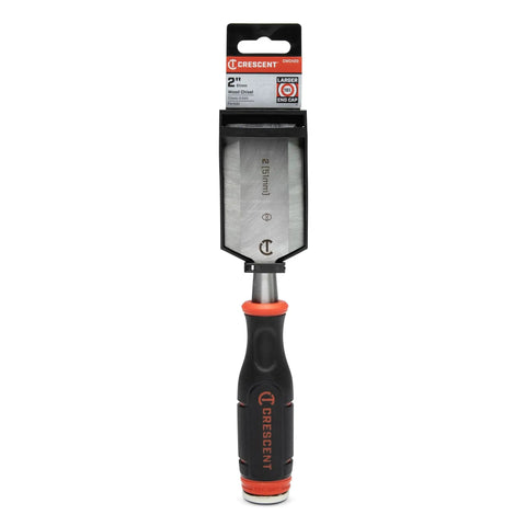 Pro Grade Two Inch Wood Chisel With Full Metal Core, Comfort Grip, Oversized Strike Cap, And Corrosion Resistant Drop Forged Carbon Steel Blade