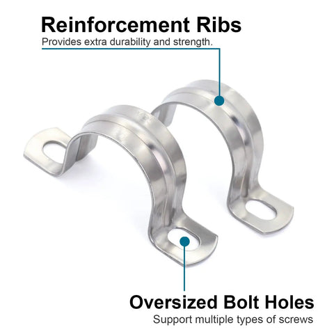 Stainless Steel SS304 Conduit Clamp U Bracket 2 Hole Heavy Duty Pipe Clip Set of 10 with reinforcement ribs and bolt holes.