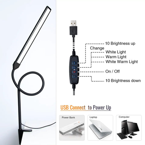 Lit LED Desk Lamp With Clamp, Tall Gooseneck Clip On Light, showing USB control panel with 3 color modes and 10 brightness levels.
