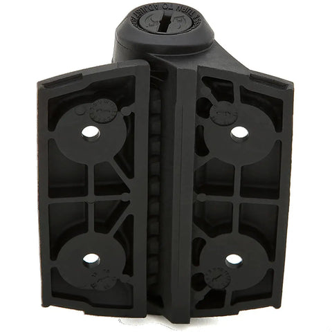 TruClose Narrow Spring Hinges 2-Pack Self-Closing Gate Hardware in black polymer for metal outdoor gates, close-up view.