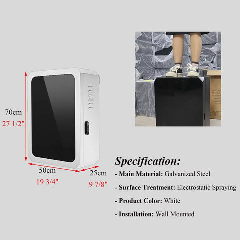 Rock Solid Wall Mount EV Charger Cable Organizer Box shown from side for dimensions, made of galvanized steel, wall mounted.