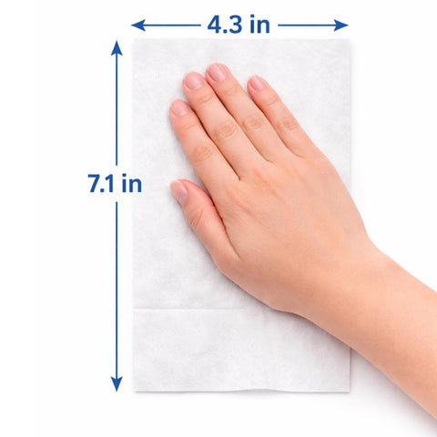 Hand holding Bulk Wipes 4 Pack 1200 Count Durable Pre Saturated Cleaning Wipes For Gym Equipment, showing 4.3x7.1 inches size.