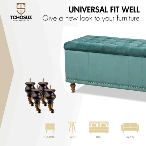 6 Inch Wooden Furniture Legs With Casters Wheels Pack Of 4 Classic Walnut Solid Wood Round Bun Feet for sofa and ottoman