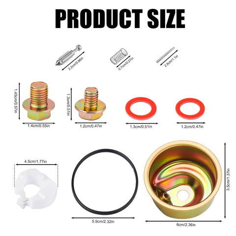 Carburetor Repair Kit For Most Carbs With Bowl Gasket Float Pin Needle Valve Spring Screws And Washers Easy Install Electric Start Kit For GX240 GX270 GX340 GX390 And More Built Tough For Quick Rebuild And Smooth Run components layout with size measurements.