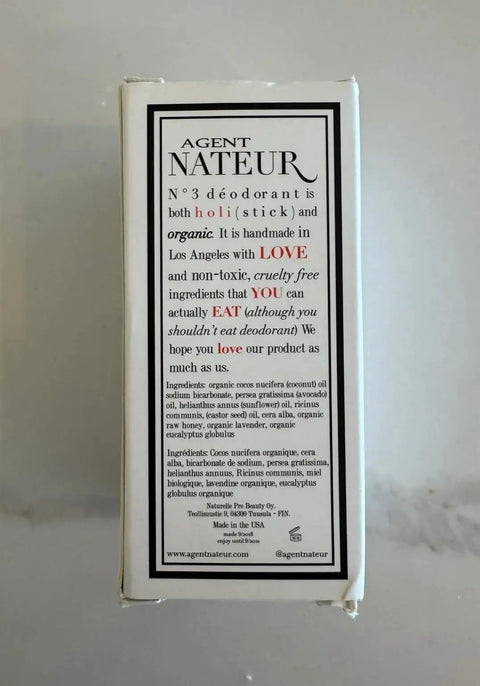 Back of Holi No 3 Natural Deodorant Stick box showing product ingredients and details on clean skincare, cruelty-free, made in USA.