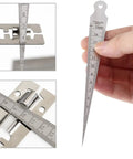 Stainless Steel Taper Gauge 1-15mm and 1/32-5/8 Inch Welding Gauge For Inch And Metric Feeler Gap Measurements 0.1mm Accuracy Pocket Size Laser Engraved Readouts in hand and measuring tool application.