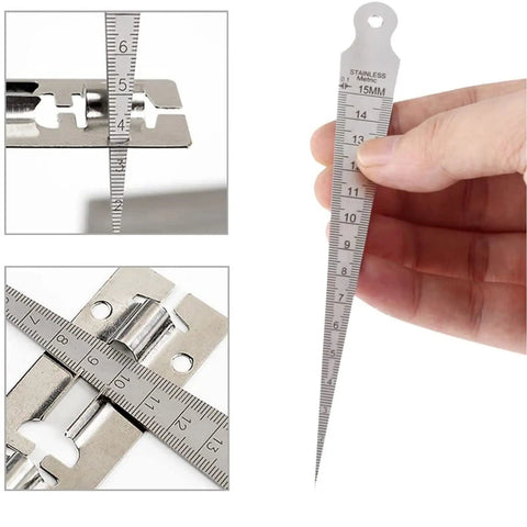 Stainless Steel Taper Gauge 1-15mm and 1/32-5/8 Inch Welding Gauge For Inch And Metric Feeler Gap Measurements 0.1mm Accuracy Pocket Size Laser Engraved Readouts in hand and measuring tool application.