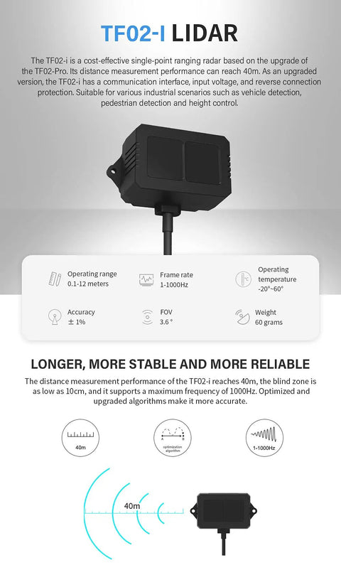Front view of TF02-i Lidar showing its design and features with Upgraded 40m Lidar Sensor For Drones And Robots With Single Point Ranging CAN Version Wide 7 To 30V Input Reverse Protection Plug And Play With Pixhawk Arduino And Raspberry Pi For Obstacle Avoidance