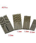40 Piece Mini Drill Bit Set 0.5mm To 2.0mm Straight HSS Twist Bits Fully Ground High Speed Steel Ideal For Wood Plastic Circuit Boards Electronics And Small DIY Repairs displayed in size order.