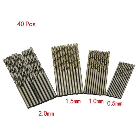 40 Piece Mini Drill Bit Set 0.5mm To 2.0mm Straight HSS Twist Bits Fully Ground High Speed Steel Ideal For Wood Plastic Circuit Boards Electronics And Small DIY Repairs displayed in size order.