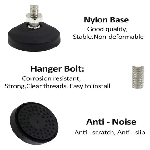 Heavy Duty Universal Adjustable Leveling Feet With Rock Solid Swivel Support Legs Featuring M8 Up To M20 Threads Built Tough For Garage Gear Kitchen Cabinets And Workshop Machinery - close-up of nylon base and hanger bolt.