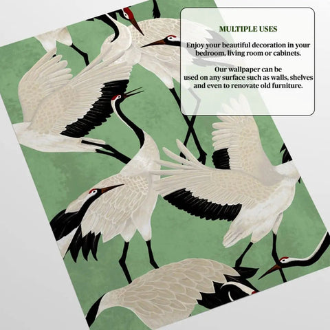 Removable Green White Japanese Herons Modern Wallpaper For Living Rooms And Home Decor Eco Paper Diy Easy Peel