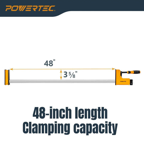 48-inch bar clamp showing length and clamping capacity, POWERTEC branding visible