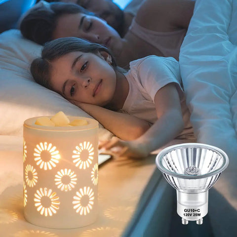 Child relaxing next to a lit candle warmer with GU10 120V 25W Halogen Bulbs For Wax Warmer Scent Melt Candle Warmer, Pack Of 4.