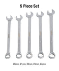 5-piece Metric V Groove Combination Wrench Set 20mm to 24mm fully polished with roll case and anti-slip radius design.