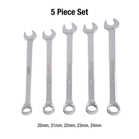 5-piece Metric V Groove Combination Wrench Set 20mm to 24mm fully polished with roll case and anti-slip radius design.