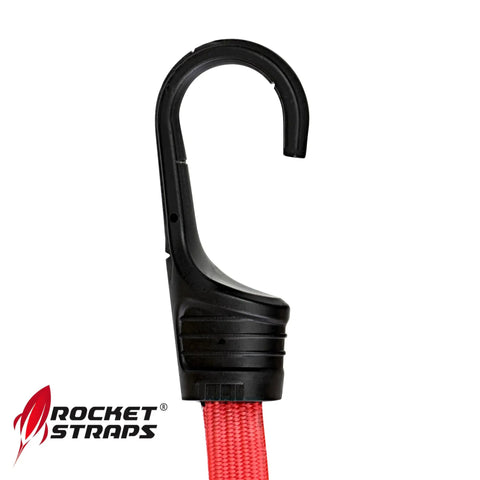 Close-up of a durable hook on a red bungee cord from the Ultimate Flat Outdoor Bungee Cord Set, used for securing cargo and gear.