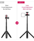 Comparison of Extendable Mini Camera Tripod MT-08 and MT-16 models, showing 3 vs 4 level adjustments and cold shoe mount feature.