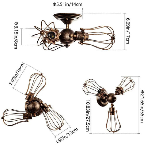 Vintage Industrial Ceiling Light With Metal Wire Cage Shade, Adjustable Socket Three Light Semi Flush Mount dimensions view