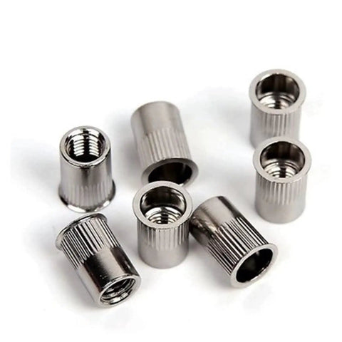 Top Quality Flat Head Threaded Inserts M3 To M10 Pack Of 2 10 Pcs Zinc Plated Steel Knurled Rivet Nuts on white background.