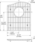 Technical diagram of Stainless Steel Bottom Grid For Sink Bowls Custom Fit For Elkay Sinks Twelve And A Quarter By Fifteen And One Sixteenth By One And A Quarter Inches Corrosion Resistant With Protective Feet To Shield Your Sink Bottom with dimensions and side view.