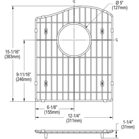Technical diagram of Stainless Steel Bottom Grid For Sink Bowls Custom Fit For Elkay Sinks Twelve And A Quarter By Fifteen And One Sixteenth By One And A Quarter Inches Corrosion Resistant With Protective Feet To Shield Your Sink Bottom with dimensions and side view.