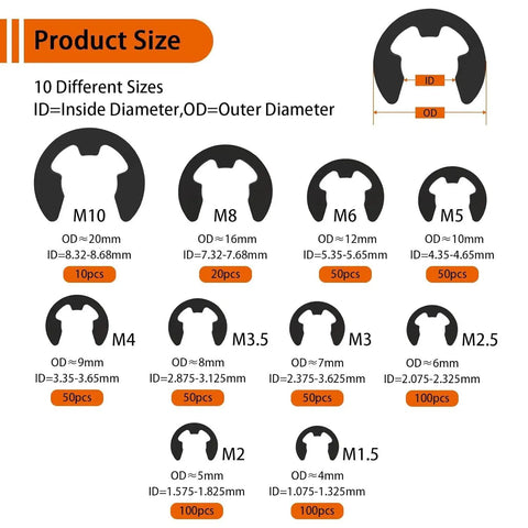 580 Piece E Clip Retaining Ring Set With 10 Sizes From M1.5 To M10 In 65Mn Steel showing sizes and dimensions diagram