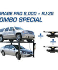 Heavy Duty Four Post Car Lift With Matching Sliding Jacks Black Powder Coated Steel Garage Auto Hoist System Bad Boy Wrenching Beast showing two cars on lift.