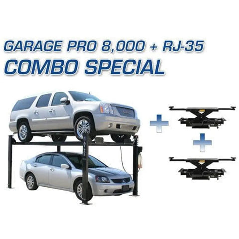 Heavy Duty Four Post Car Lift With Matching Sliding Jacks Black Powder Coated Steel Garage Auto Hoist System Bad Boy Wrenching Beast showing two cars on lift.