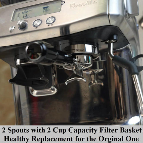 Front view of 54mm double-spout chrome portafilter with ABS handle