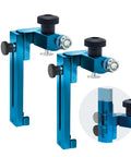 Pair of blue aluminum T-tracks for woodworking with knobs, part of 36-Inch Multi T Track For Woodworking, Awesome Universal Two And One Quarter Inch High T-Slot Extrusion, Three Quarter Inch Spacing, Compatible With One Quarter Inch T-Bolts And Five Sixteenth Inch Bolts, Great For Jigs, Router Tables, And Custom Shop. Includes close-up detail.