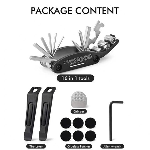 Ride Ready Bike Repair Kit with 16 in 1 multitool, tire levers, and patch kit for cyclists on road and trail, portable chrome tools.