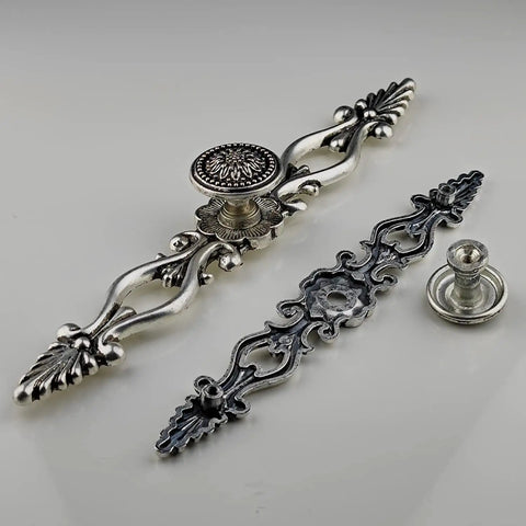 Vintage Sunflower Cabinet Knob With Back Plate Antique Silver and Black, hardware for cupboard and dresser. Includes two knob sizes.