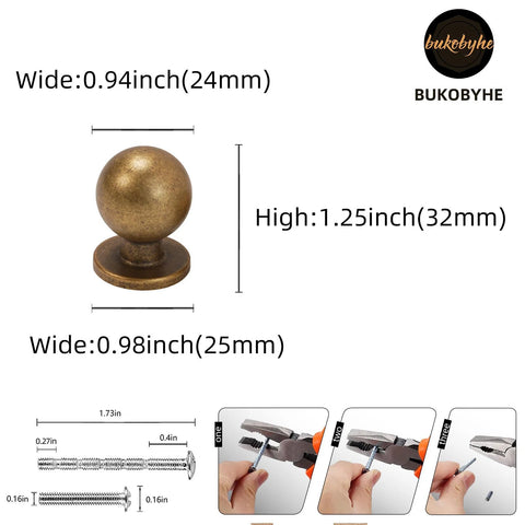 Antique Brass Cabinet Knobs 30 Pack Set For Vintage Drawer Pulls For Cabinets Cupboards And Dressers In Zinc Alloy, dimensions shown