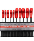 10-piece T-handle hex key set in metric sizes 2mm to 10mm with red grips and black steel shafts in storage rack