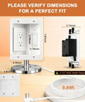Dimensions and components of In-Wall Cable Management Kit For TV Mounts, Hidden Recessed Outlet Box With Two-Hole Socket.