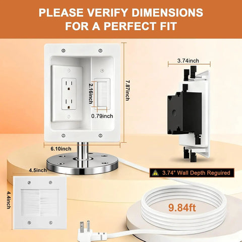 Dimensions and components of In-Wall Cable Management Kit For TV Mounts, Hidden Recessed Outlet Box With Two-Hole Socket.