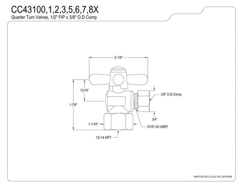 Technical drawing of quarter turn valve for All In One Gourmet Scape Kitchen Plumbing Supply Kit With 1-1/2 Inch P-Trap, dimensions labeled.