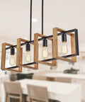 Rustic Black Metal And Wood Pendant Lights For Kitchen Island Four Light Farmhouse Dining Fixture Over Table E26 Hanging Light With Adjustable Height For A Cozy Farmhouse Vibe, close-up view.