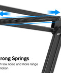 Close-up of heavy duty microphone arm stand with suspension boom showcasing strong springs for increased range of motion.